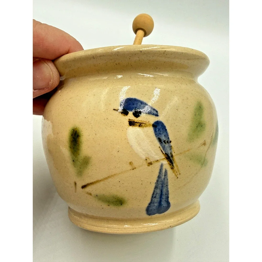 Vintage Gus Sherman Ohio Bluebird Art Pottery Honey Jar Pot Dipper Farmhouse